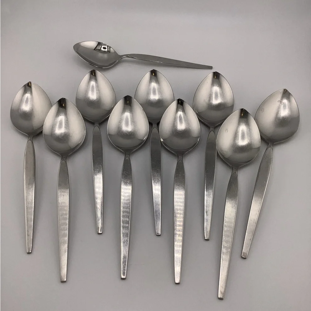 Oneida Community Stainless Older “Satinique” 9 Soup Spoons 1 Sugar Spoon